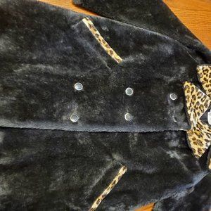 Vintage black faux fur winter coat with leopard trim.